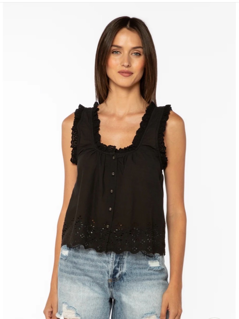 Velvet Heart Black Eyelet Lace-Trim Button Front Camisole